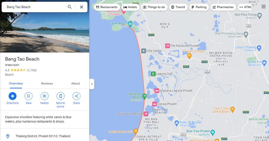Google Maps location of Bang Tao Beach
